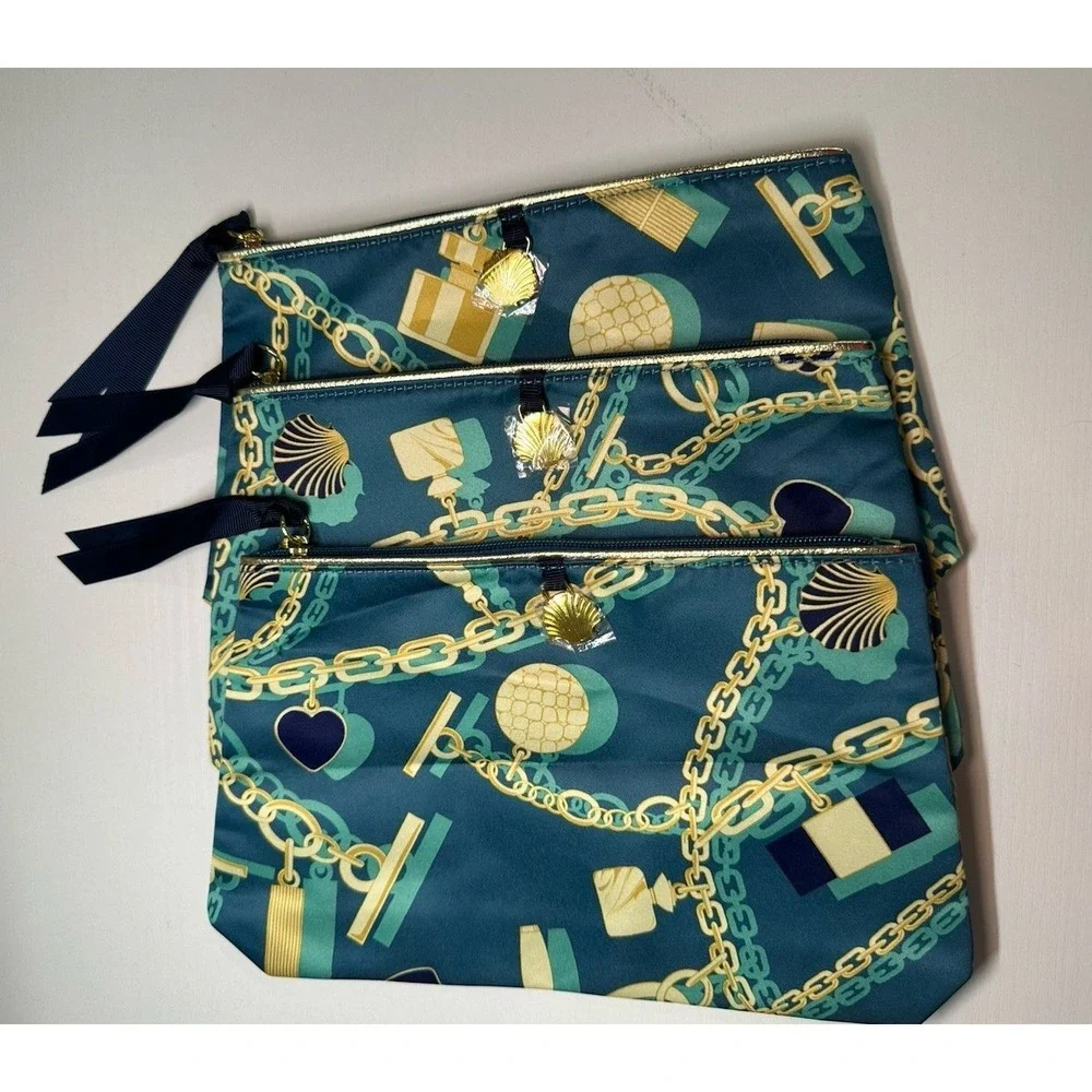 Estee Lauder Cosmetic Bags 3pc Teal Satin Nautical Chain Shell Print Gold Charm
